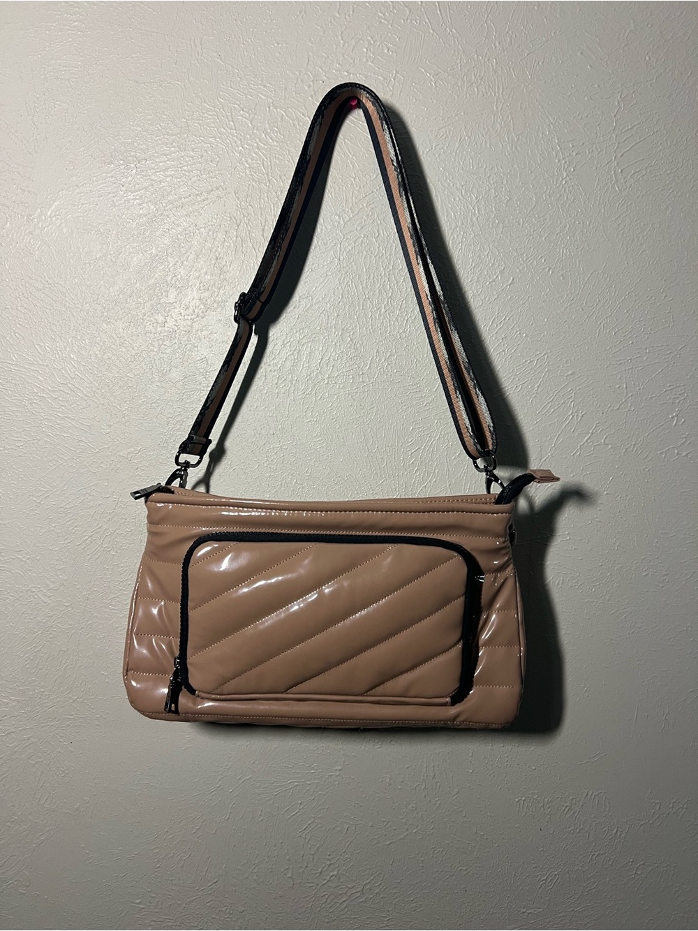 Think Royln Bank Street Quilted Patent Shoulder Bag in Beige with Black Trim